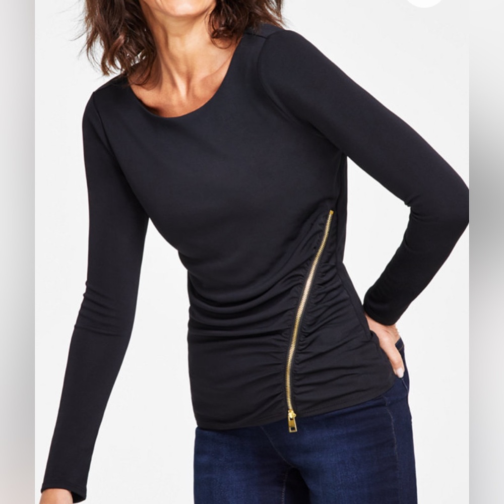 INC International Concepts Black Top with Gold Zipper Accent